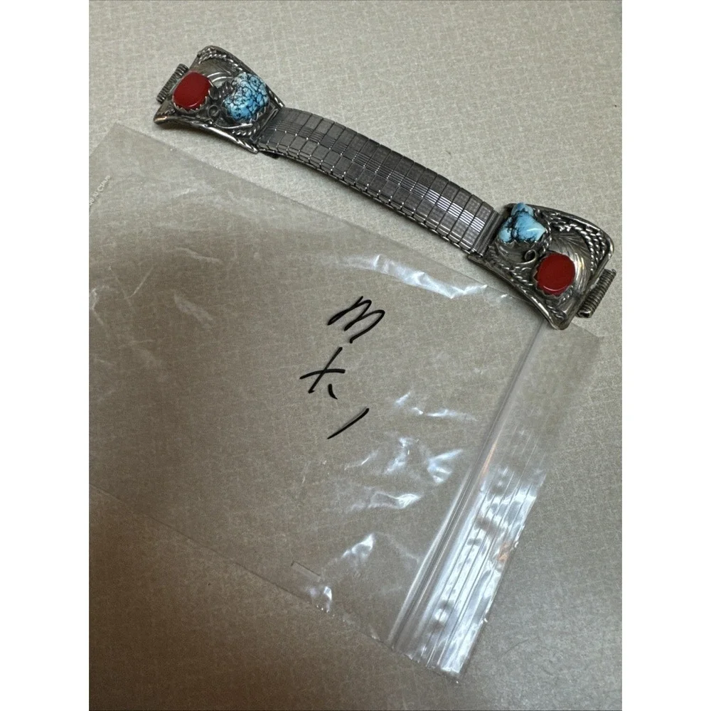 Vintage Native Sterling Silver Turquoise Coral Mens Watch Band